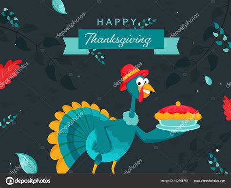 Cartoon Turkey Bird Presenting Pie Cake Leaves Decorated Dark Grey Stock Vector Image by ...