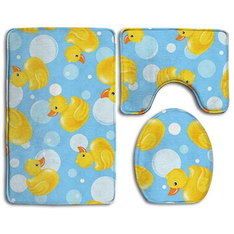 PUDMAD Yellow Rubber Duck 3 Piece Bathroom Rugs Set Bath Rug Contour Mat and Toilet Lid Cover ...