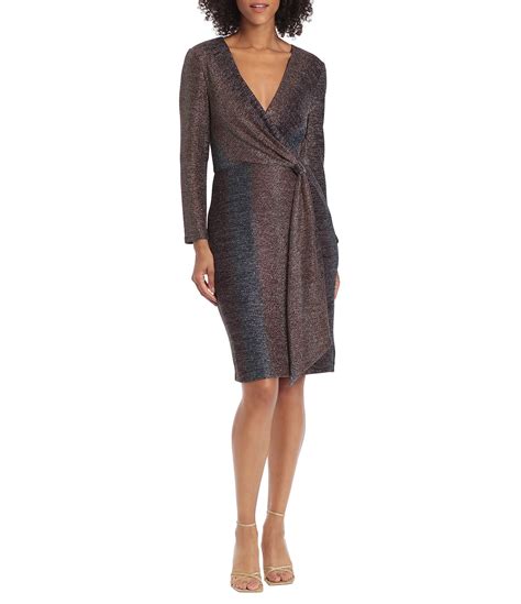 Maggy London Stretch Metallic Long Sleeve Surplice V-Neck Faux Wrap Dress | Dillard's