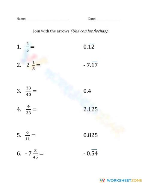 Fractions to decimals 1 | Worksheet Zone