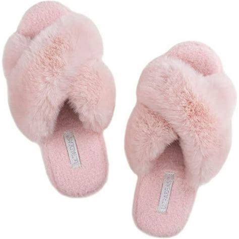 ULTRAIDEAS Women's Cross Band Fuzzy Fluffy House Shoes, Open Toe Slide Bedroom Slippers ...