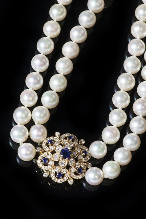 2 Row Pearl Necklace on a Sapphire and Diamond Clasp | Goodwins Antiques