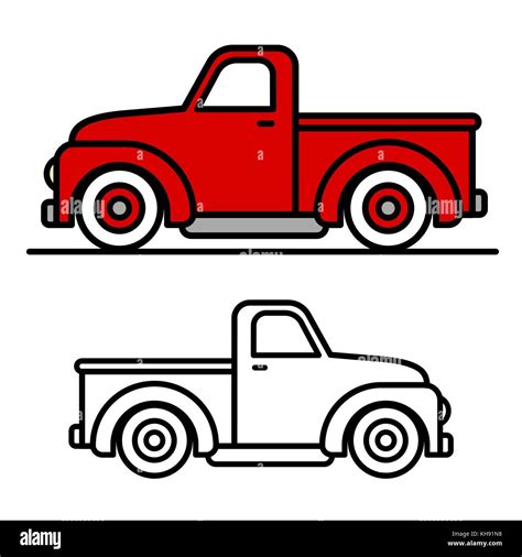 Two cartoon vintage pick-up truck outline drawings, one red and one black and white, in side ...