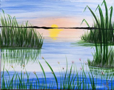 Easy lake painting with marsh grass and sunset. Paint Nite | Lake ...