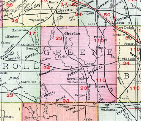 Greene County, Iowa, 1911, Map, Jefferson, Grand Junction, Scranton ...