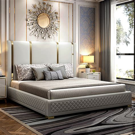 Cal King Faux Leather Upholstered Bed Sunken Metal and Wood Bed Frame