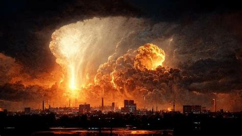 Premium Photo | Huge explosion above city skyline apocalyptic sky ...