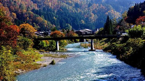 HD wallpaper: Shirakawa-go, Japan, village, river, bridge, mountain ...