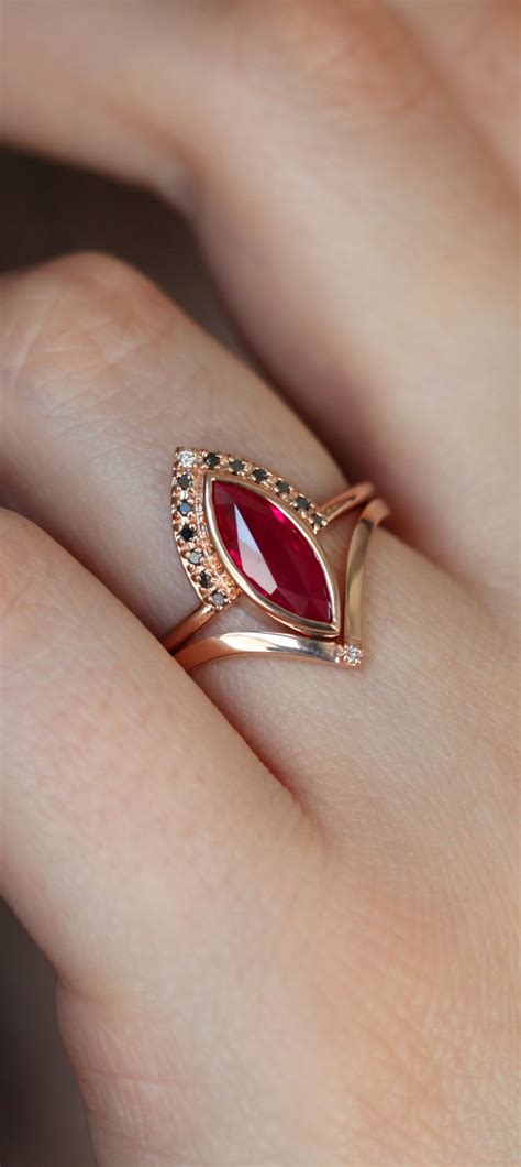 Regina Ruby And Black Diamond Ring Set With Chevron Band | Gold bride jewelry, Gold rings ...