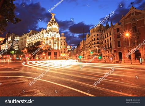 Gran Via Street In Madrid, Spain At Night Stock Photo 36440329 ...