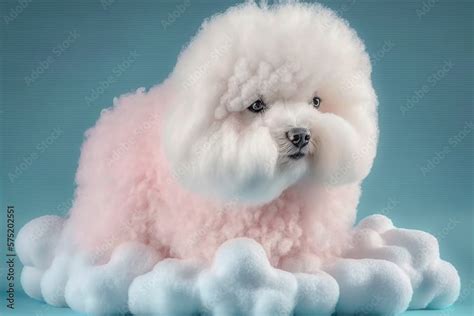 Cute and fluffy Bichon Frise small dog with soft pink and white fur surrounded by soft texture ...