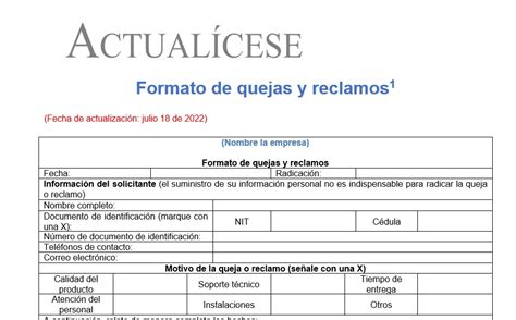 Formato de quejas y reclamos - Actualícese