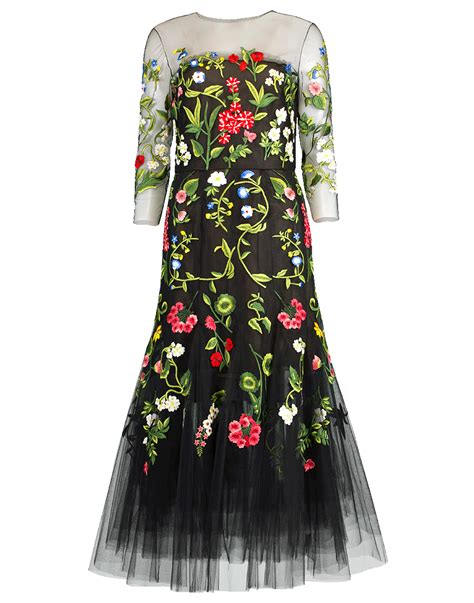 Oscar De La Renta Flower Embroidered Tulle Cocktail Dress In Black | ModeSens | Tulle cocktail ...