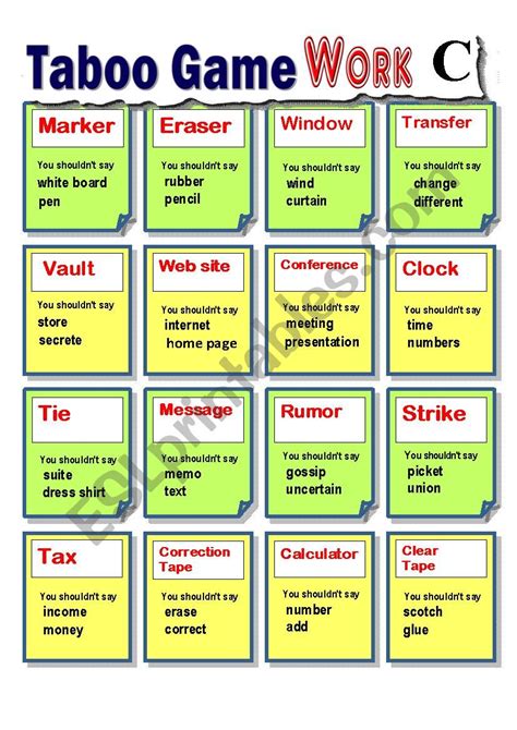 Taboo Card (Guessing game) : Work 2 (Adult/Basic) - ESL worksheet by ttuffl