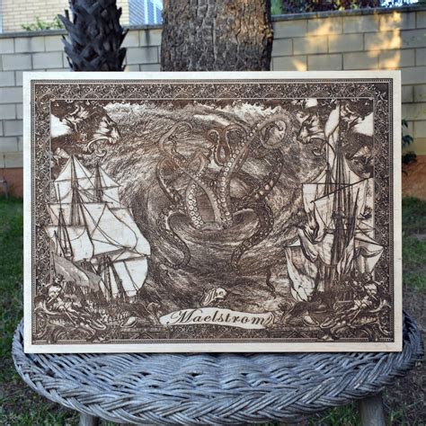 Kraken Attacking Pirate Ship Art, Sea Monster Engraved on Wood ...