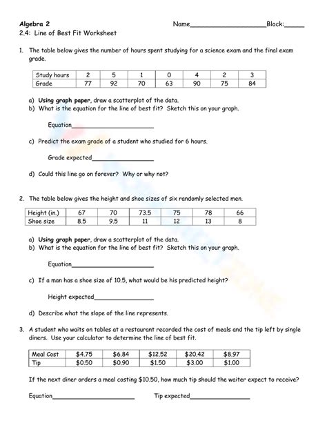 Line of Best Fit Worksheet PDF | PDF | Scatter Plot | Equations - Worksheets Library