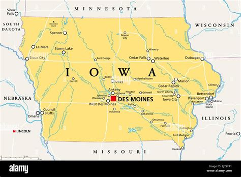 Iowa, IA, political map, with the capital Des Moines and most important ...