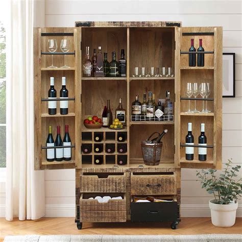 Farmhouse & Industrial Style Rustic Solid Wood Rolling Wine Bar Cabinet