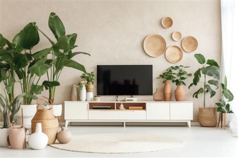 Premium AI Image | A living room with a tv and plants on the wall