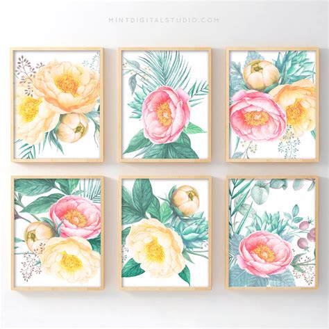 Peony Print Set of 6 Peony Wall Art Peony Art Print Flower | Etsy