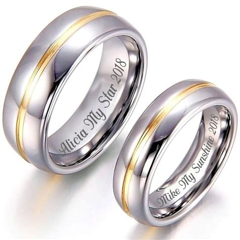 Personalized Couple Promise Rings Silver & Gold Ring Titanium Band Set – GardeniaJewel