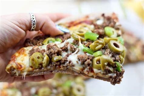 Healthy Pizzeria Style Ground Beef and Green Olives Pizza • The Healthy Foodie