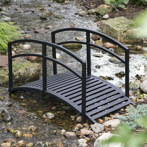 Contemporary Outdoor 4-Ft Metal Garden Bridge in Black Steel with Side ...