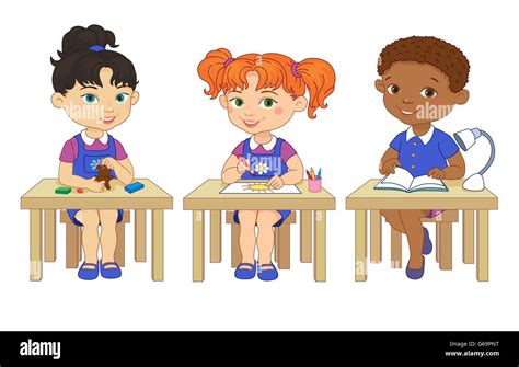 Funny pupils sit on desks read draw clay cartoon illustration Stock Vector Image & Art - Alamy