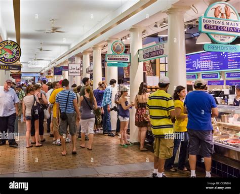 Food stalls in Quincy Market in historic downtown Boston, Massachusetts ...