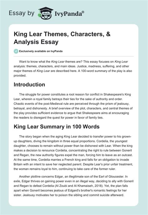 King Lear Analysis: Themes, Characters, & 100-Word Summary of King Lear | 1124 Words