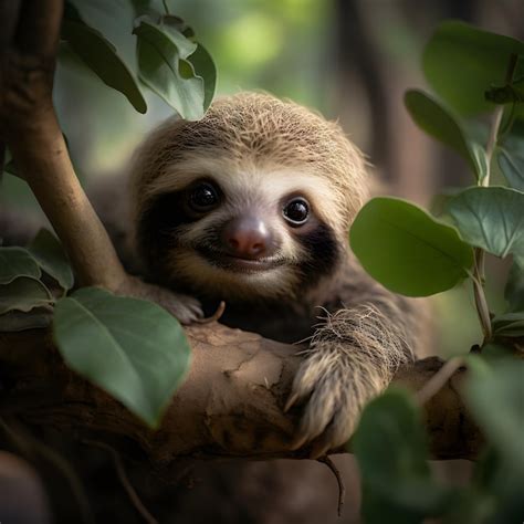 Premium AI Image | Baby Sloth on a Tree Branch