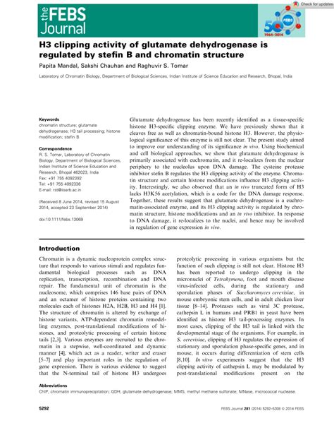 Download PDF | H3 clipping activity of glutamate dehydrogenase is regulated by stefin B and ...