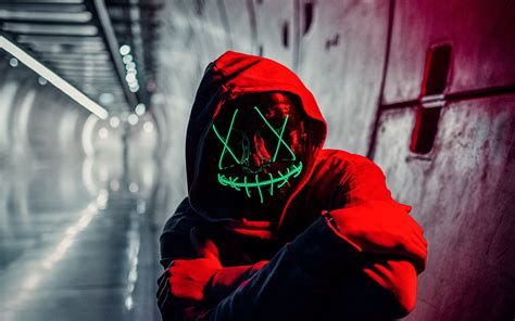 Neon Mask Wallpaper 4K, Red Hoodie, Tunnel, Portrait