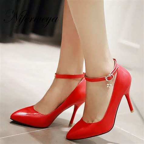 Sexy Pointed Toe red women pumps big size 31 47 Spring/Autumn women wedding shoes fashion Buckle ...