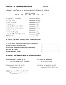 Direct Object Pronoun Spanish Worksheet by Jennifer Elizabeth | TpT