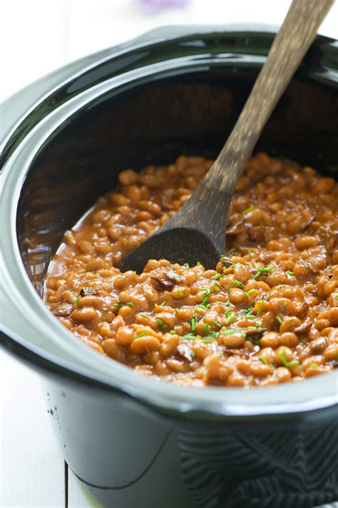 Slow Cooker Healthy Maple Bacon Baked Beans - With Salt and Wit