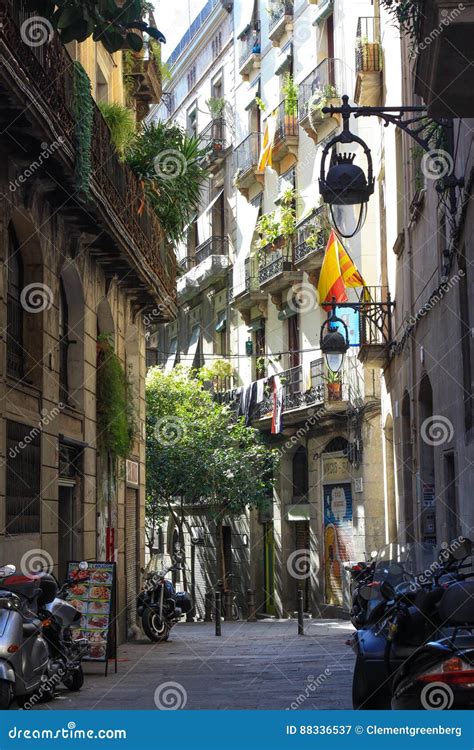 Street in the Old Town, Gothic Quarter, Barcelona, Spain. Editorial Photography - Image of town ...