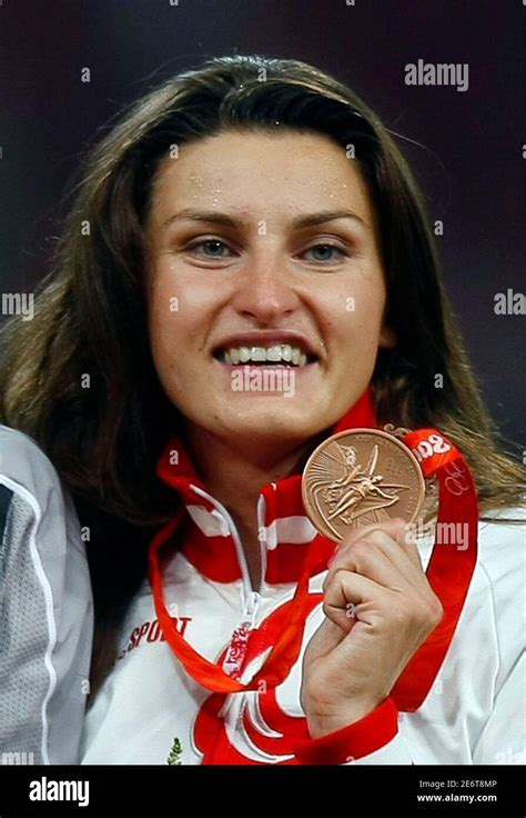 Women's high jump bronze medallist Anna Chicherova of Russia poses on ...