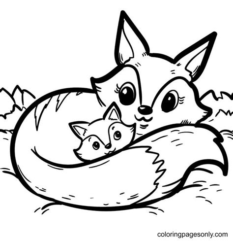 Mother Fox Wraps Tail to Protect Baby Fox Coloring Pages - Fox Coloring ...