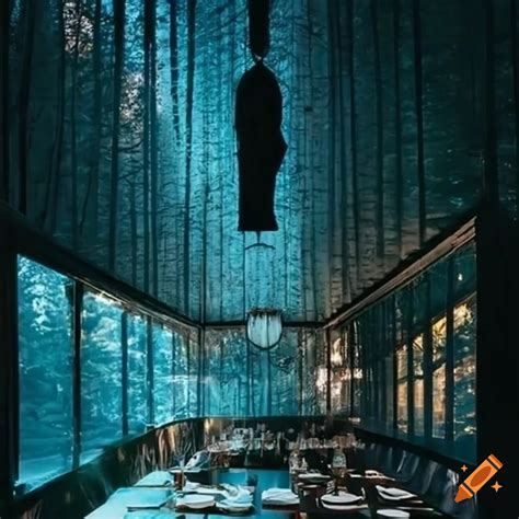 Magical restaurant in a forest with glass windows on Craiyon