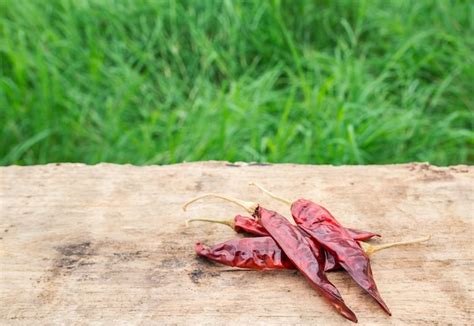 Premium Photo | Dried chili peppers on wooden with green grass background