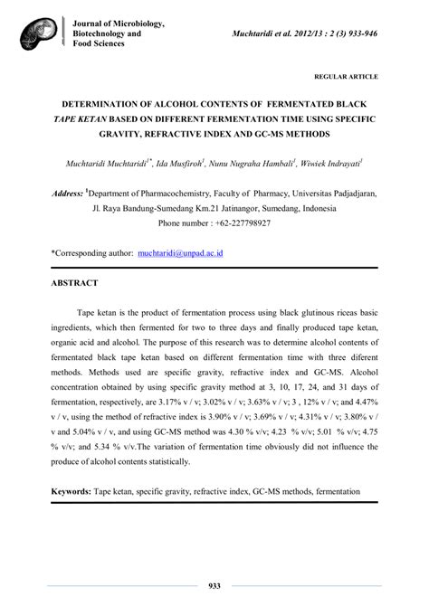 (PDF) DETERMINATION OF ALCOHOL CONTENTS OF FERMENTATED BLACK TAPE KETAN BASED ON DIFFERENT ...