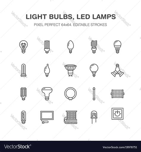 Light bulbs flat line icons led lamps types Vector Image