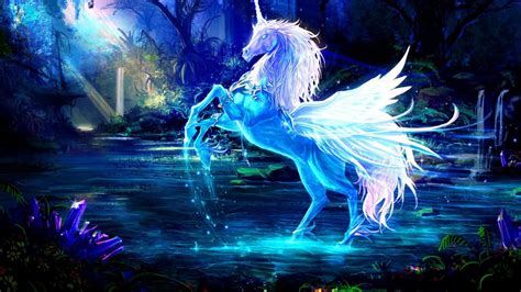 Blue Unicorn With Wings In Forest Background HD Unicorn Wallpapers | HD ...