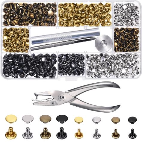 240 Set Leather Rivets Double Cap Rivet Tubular Metal Studs 2 Sizes with Punch Pliers and 3 ...