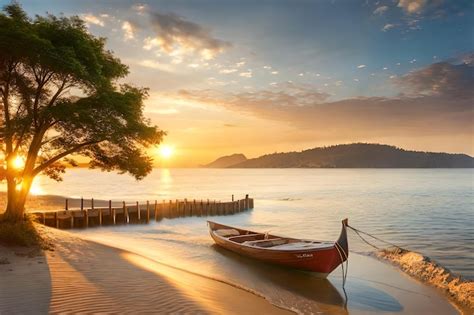 Premium Photo | A boat on the beach at sunset