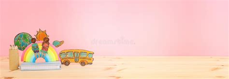 Back To School Concept. Top View Image of Two Kids and Bus Over Wooden Desk Stock Image - Image ...