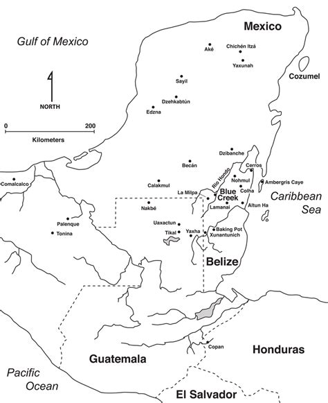 Map of Yucatan Peninsula showing location of Blue Creek and other sites ...