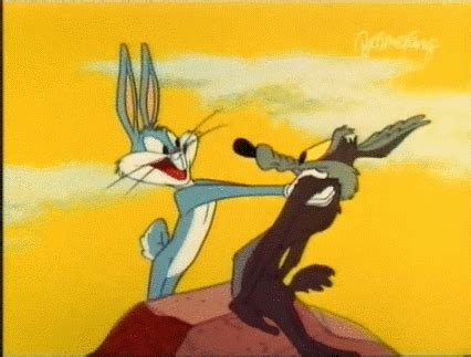 an animated image of bugs and jack rabbit on top of a hill with clouds in the background