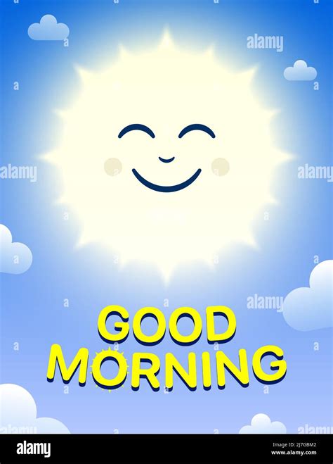 Good Morning cheerful vector design with a happy sun cartoon character on blue sky background ...